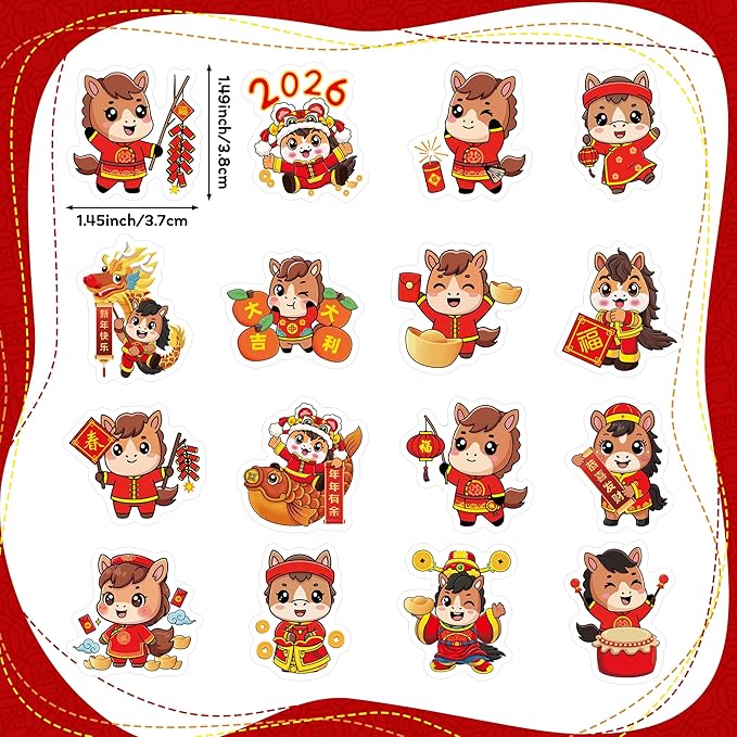 beyumi chinese new year stickers - 1000pcs spring festival 2026 year of the horse cute stickers in 2 rolls waterproof vinyl lunar nye celebration decals for candy gift party favor laptop bottle decor