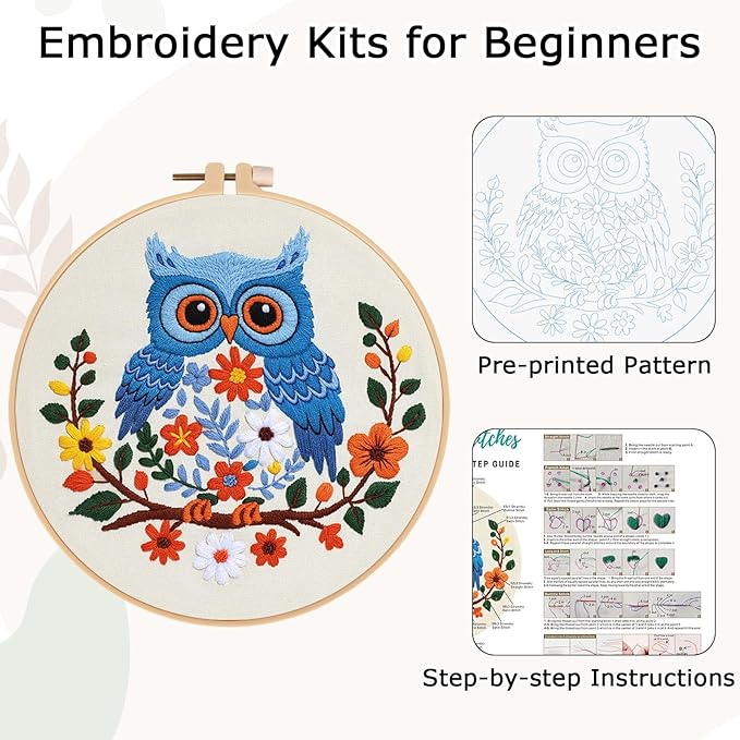 Louise Maelys Owl Embroidery Kits for Beginners, DIY Cross Stitch Starter Craft Kit for Adults Including Cloth with Pattern, Hoop, Needles Instruction and Threads