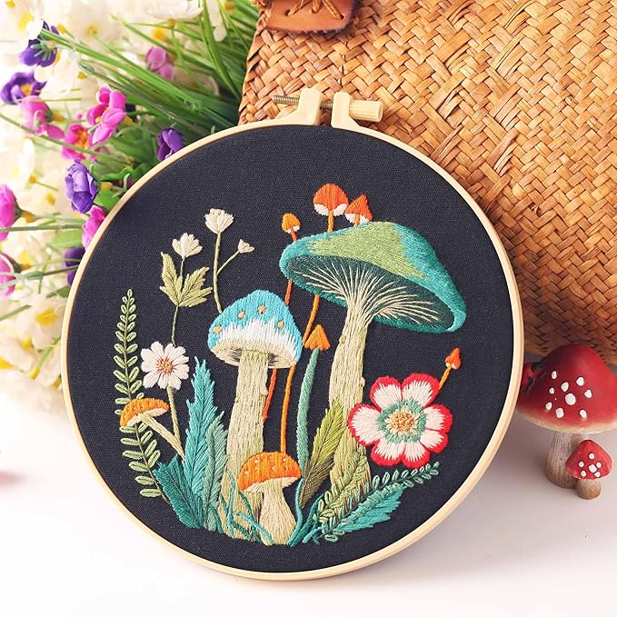 reewisly 4pcs of embroidery starter kit with patterns and instructions, diy adult beginner cross stitch kits, including 2 plastic embroidery rings, 1 pair of scissors, colored threads and needles