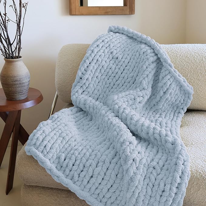Mellobello Jumbo Chunky Yarn for Hand Knitting - Super Thick Chenille Chunky Yarn for Crocheting - Extra Soft Bulky Fluffy Blanket Big Yarn 8 Jumbo Pack (27yds,8 oz Each Skein) Sky Blue