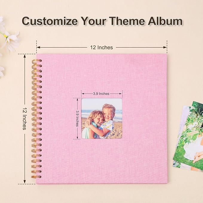 Scrapbook Photo Album 12x12 Inches 80 Pages Hardcover Kraft Paper Linen Cover Scrap Book Memory Book DIY Scrapbook Albums for Wedding Baby Boyfriend Travel Anniversary Family, Pink