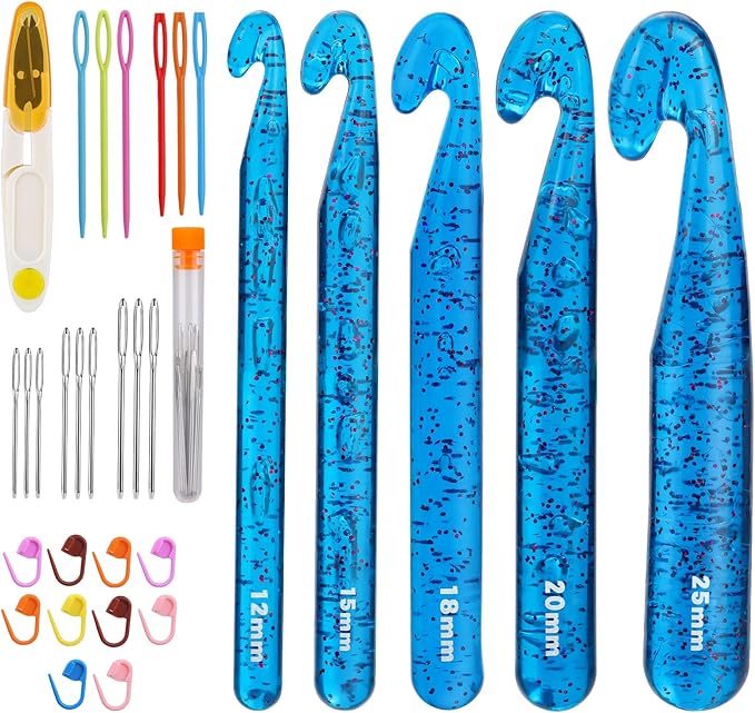 Qmnnma 5 Large Crochet Hooks, 12mm-25mm Crochet Hooks, Huge Transparent Crystal Crochet Sets for Crocheting Yarn, Chunky Yarn, DIY Crafts (Blue)