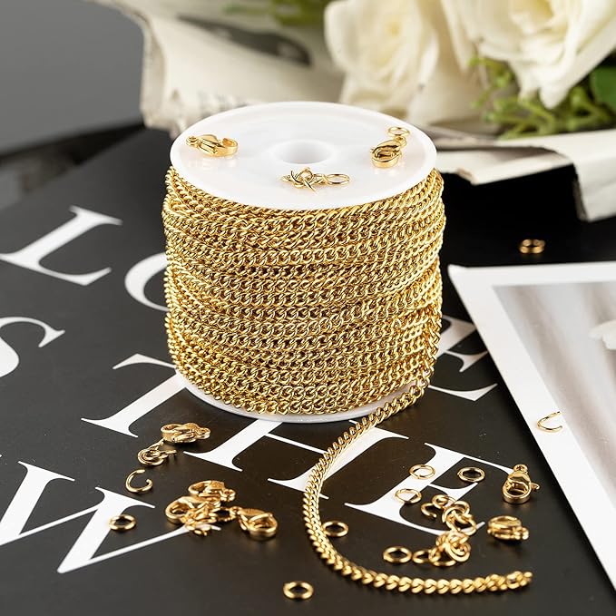 32.8 Feet Twisted Curb Chain for Jewelry Making Gold Plated Stainless Steel Jewelry Chains Bulk for Necklace DIY with Open Jump Rings and Lobster Claps