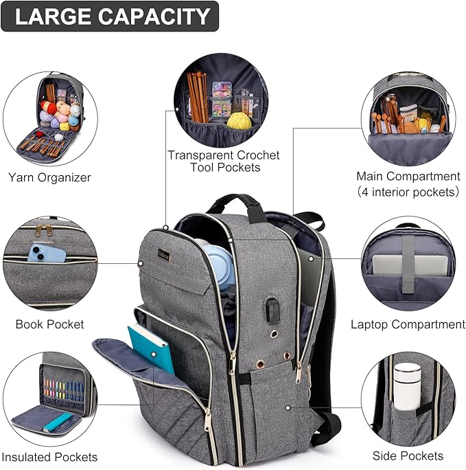 Liokesa Knitting Bag Backpack, Crochet Bag Tote, Large Yarn Storage Tote Bag with USB Charging Port, Yarn Holder Case for Carrying Projects, Knitting Needles, Yarn Supplies, Grey