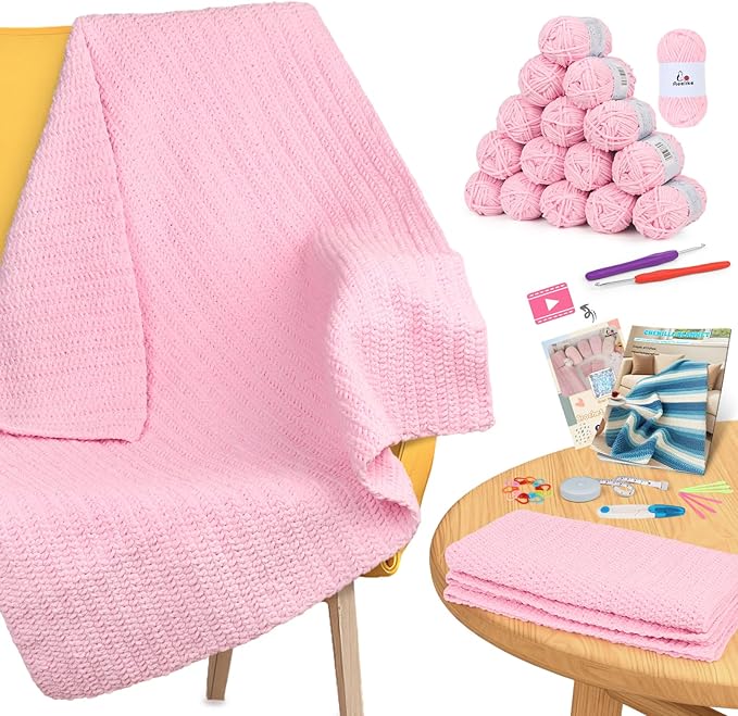 Aeelike Blanket Crochet Kit for Beginners, Easy Crochet Blanket Kit with Soft Chenille Yarns Detailed Instruction Crocheting Accessories Complete Beginners Crocheting Kits, Sakura Pink