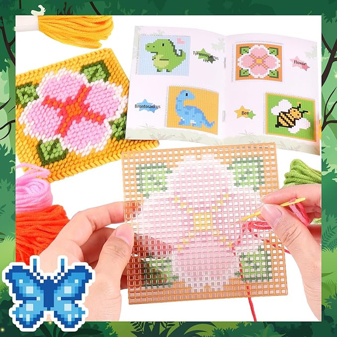 Pllieay 10-in-1 Cross Stitch Beginner Kit for Kids, Embroidery Kit Includes 10pcs Plastic Mesh Canvas with Pattern, 15 Yarns, 5 Weaving Needles, Needle Points Starter Sewing Set with Instructions