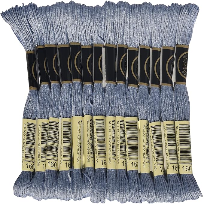 LE PAON Embroidery Floss, 14-Pack Six Strands 100% Long Staple Cotton Embroidery Thread, 8.7-Yard，Color Number：160, Medium Grey Blue