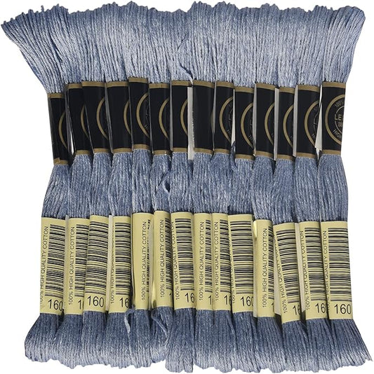 LE PAON Embroidery Floss, 14-Pack Six Strands 100% Long Staple Cotton Embroidery Thread, 8.7-Yard，Color Number：160, Medium Grey Blue