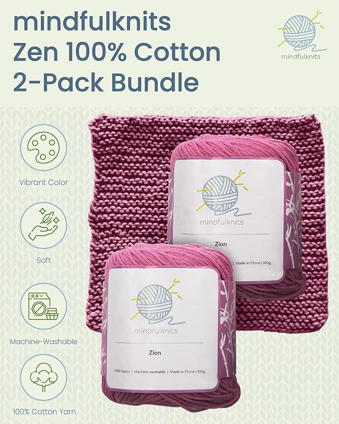 Knitting Yarn, Crochet Yarn, Mindfulness and Relaxation 100 Percent Cotton Yarn, Single Color 2-Pack - Medium Number 4 Worsted Bundle, Soft & Gentle for Garments, Amigurumi, Baby Items by mindfulknits