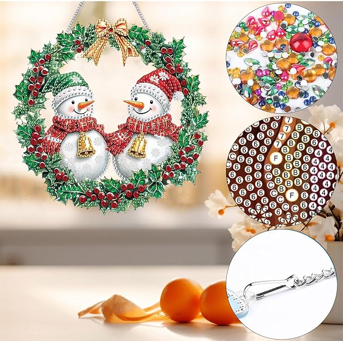 Bimkole Snowman Diamond Art Hanging Kit for Adult, DIY 5D Christmas Diamond Art Painting Window Pendant, Acrylic Crystal Art Hanging Ornament for Wall Home Garden Front Door Decor - 7.8x7.8 Inch