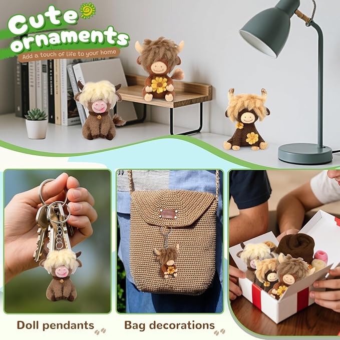 Yizzvb Needle Felting Kit, Highland Cow Family Needle Felt Beginner Kits with Instruction, Wool, Felting Needles, Felting Pad, Wool Felting Kits for Beginners Home Decoration
