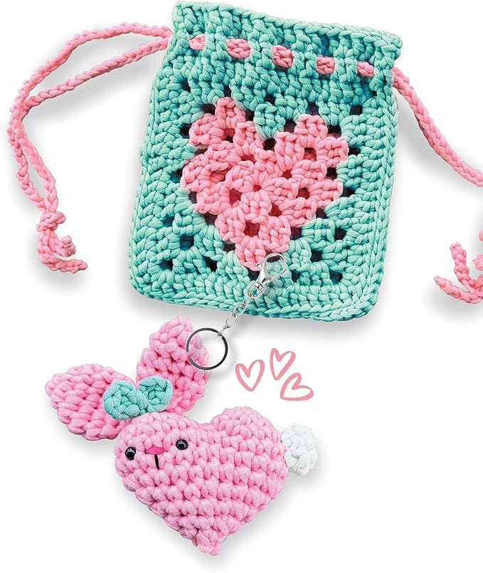 Wimmsie Crochet Animal Kit for Beginners - Easy Beginner Crochet Kit for Kids - Cute Amigurumi Heart Bunny & Granny Square Heart Pouch - Easter Craft - Keychain and Mini Purse