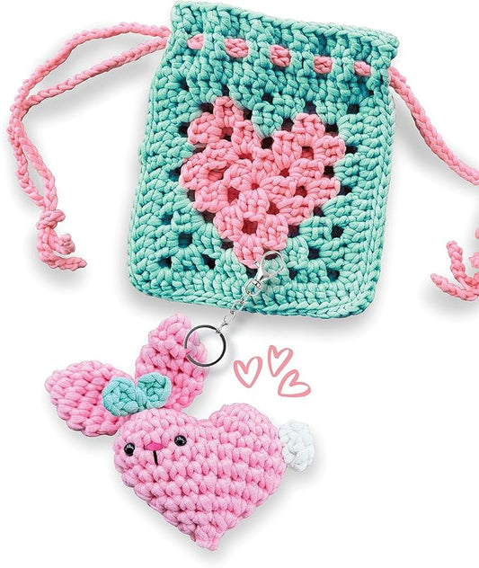 Wimmsie Crochet Animal Kit for Beginners - Easy Beginner Crochet Kit for Kids - Cute Amigurumi Heart Bunny & Granny Square Heart Pouch - Easter Craft - Keychain and Mini Purse
