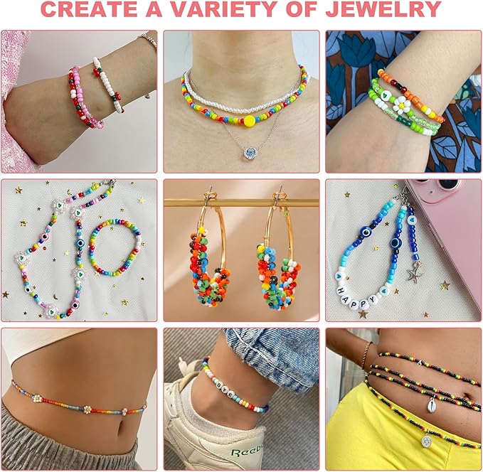 Redtwo 4mm Glass Seed Beads for Jewelry Bracelet Making Kit, Small Beads Friendship Bracelet Kit, Tiny Waist Beads with Letter Beads and Elastic String, DIY Art Craft Girls Gifts