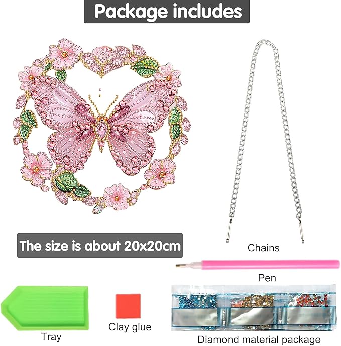 Bimkole Pink Butterfly Diamond Art Hanging Kit for Adult, DIY 5D Flowers Diamond Art Painting Window Pendant, Acrylic Crystal Art Hanging Ornament for Wall Home Garden Front Door Decor - 7.8x7.8 Inch