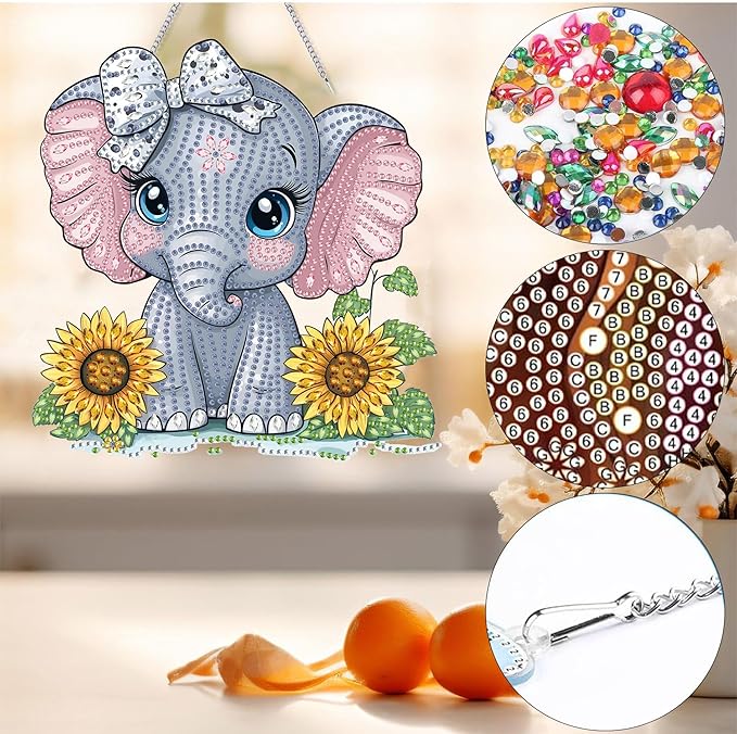 Bimkole Elephant Diamond Art Hanging Kit for Adult, DIY 5D Sunflowers Diamond Art Painting Window Pendant, Acrylic Crystal Art Hanging Ornament for Wall Home Garden Front Door Decor - 7.8x7.8 Inch