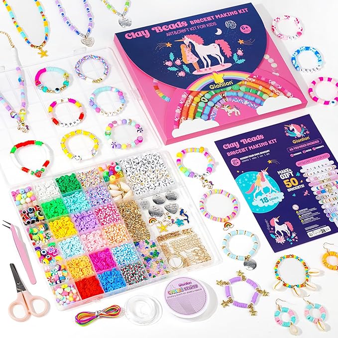 Gionlion Easter Basket Stuffers for Girls 8-12, Bracelet Making Kit Arts and Crafts for Jewelry Making Supplies Kit with 198Pcs Letter Beads, Unicorn/Mermaid DIY Birthday Christmas Easter Gifts