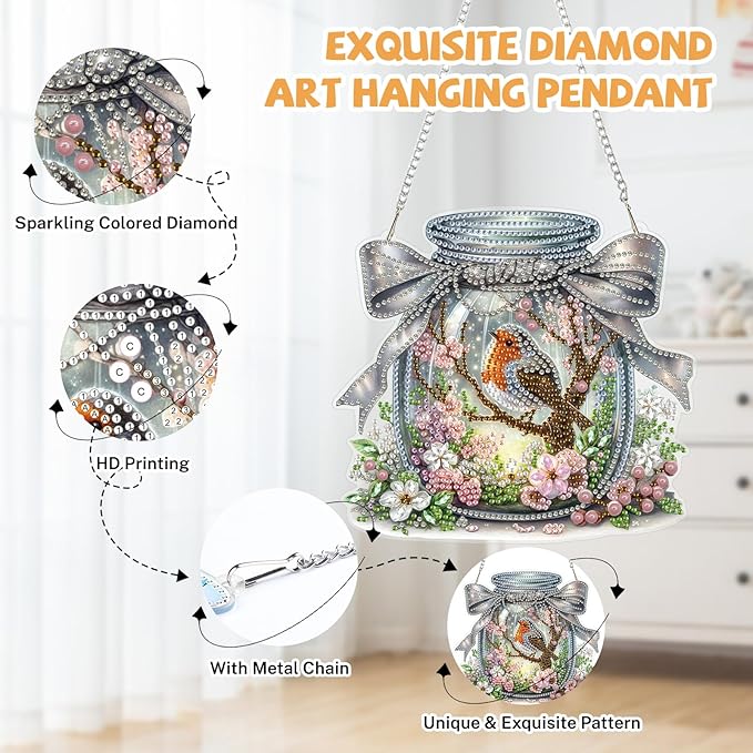 Bowetile Birds Diamond Art Hanging Kits for Adults, Diamond Art Suncatchers Bird, 5D Special Shape Diamond Painting Pendant Window Ornament Gifts for Home Wall Garden Decor