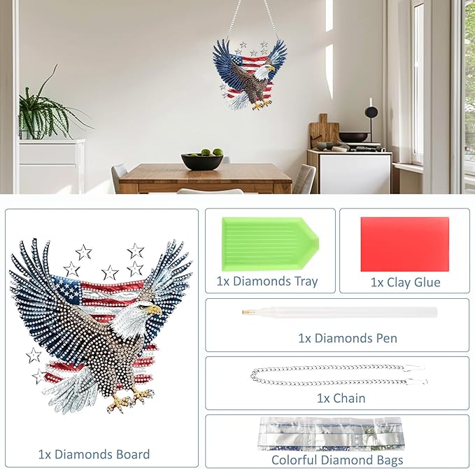 SENQAO Eagle Diamond Art Hanging Kit for Adult, Special Shaped Rhinestone, DIY Acrylic 5D Diamond Art Painting Window Pendants Home Garden Wall Hanging Kits Hanging Ornament