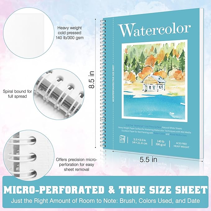 watercolor paper pad, watercolor sketchbook 5.5" x8.5” 140lb/300gsm, spiral bound water color pad journal and sketchbook for adults & kids, markers and art journaling