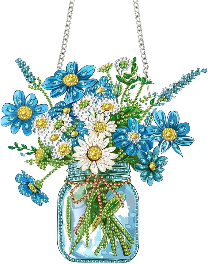 Yomiie Bouquet Vase Sun Catcher Window Hanging - DIY Double Sided Flowers Diamond Painting Pendant Kit, Acrylic Diamonds Art Ornament for Front Door Sign & Indoor/Outdoor Garden Decor(8x8 inch)