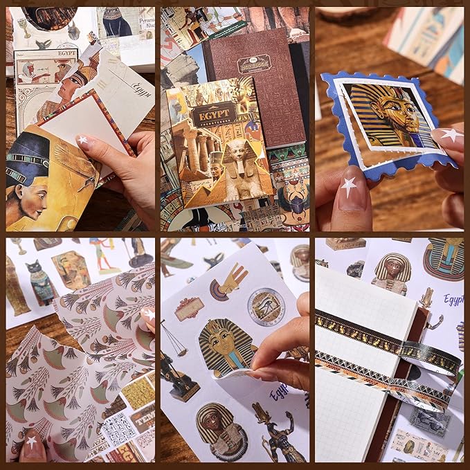 Scrapbooking Supplies Kit, Egyptian Vintage Aesthetic Scrapbook Kit for Bullet Junk Journal, Ancient Egypt DIY Journaling Supplies with Hieroglyph, Pharaoh, Pyramid, Unique Gift for Teens & Women