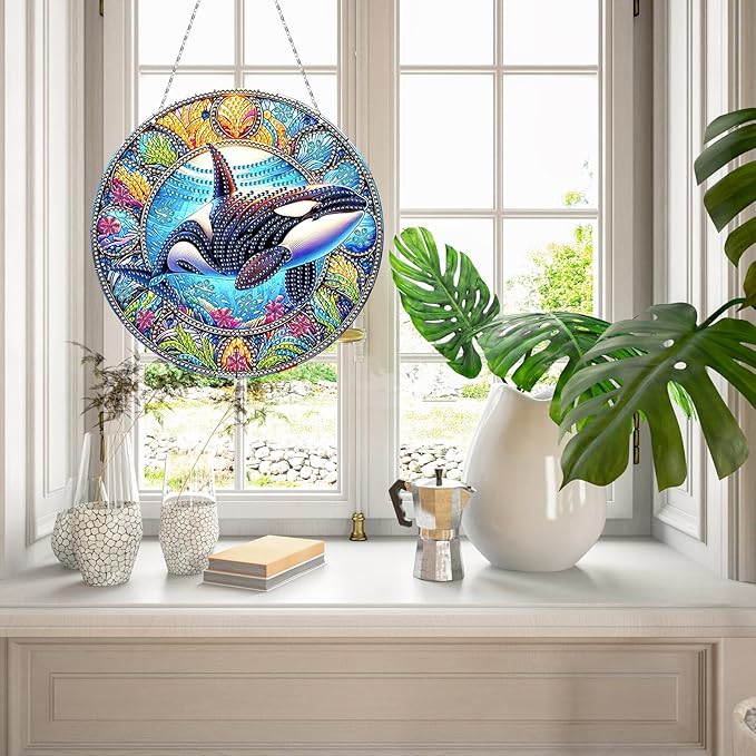 Generic DIY Hanging Diamond Pendant Special Shaped Crystal Diamond Art Painting Ornament Single Sided for Window Home Garden Wall Door Decor-Orca