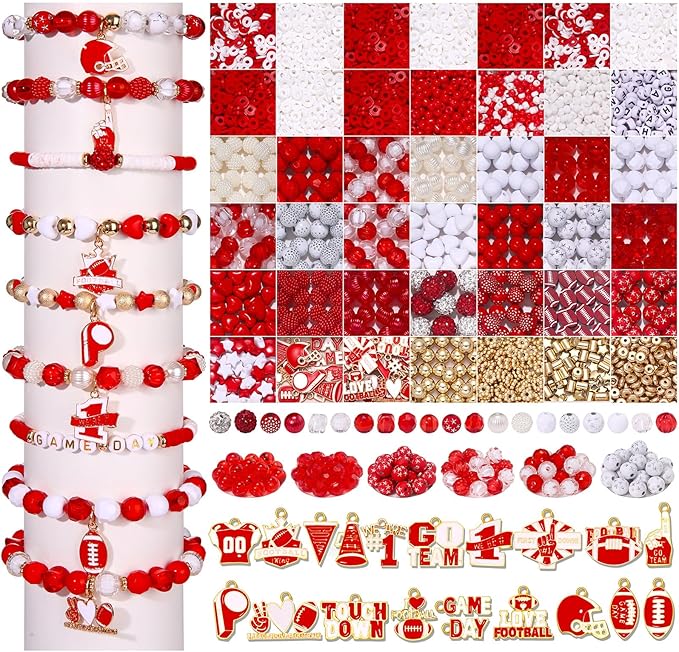 NVENF 3000PCS+ Game Day Beads Charms for Bracelets Necklace Making Clay Beads Football Charms for Game Day Bracelets Necklace Making DIY Crafts (Red White)