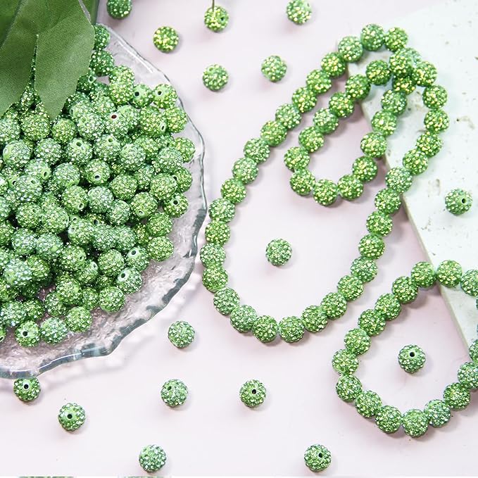 100 Pcs 10mm Rhinestone Beads for Jewelry Making, Light Green Shiny Round Shamballa Disco Baseball Necklace Beads Sparkle Crystal Clay Pave Rhinestones Bead for DIY Bracelet Earring Making Supplies