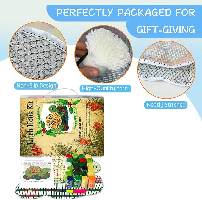Latch Hook Kit for Adults Beginners Turtle DIY Rug Making Kits with Color Preprinted Canvas, Crafts Needlework Arts for Home Decoration Festival Gift 20X15inch