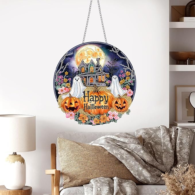 Pavemlo Hanging Diamond Art Kits for Adults Halloween Ghost – 8x8 Inch Double-Sided Acrylic Board DIY Crystal Diamond Suncatcher Pendant, Sparkling Home Wall or Window Decoration Handmade Gifts