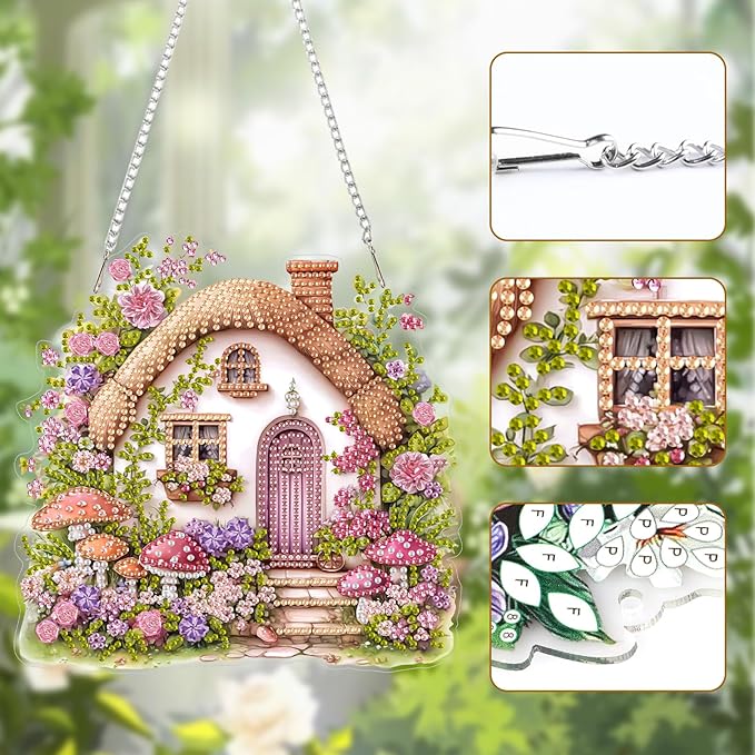 Lxmsja DIY Fairy Cottage Diamond Painting Hanging Ornament, Double-Sided Acrylic Flowers Mushrooms Diamond Art Kit, Special Shaped Suncatcher Hanging Pendant Window Art Kit