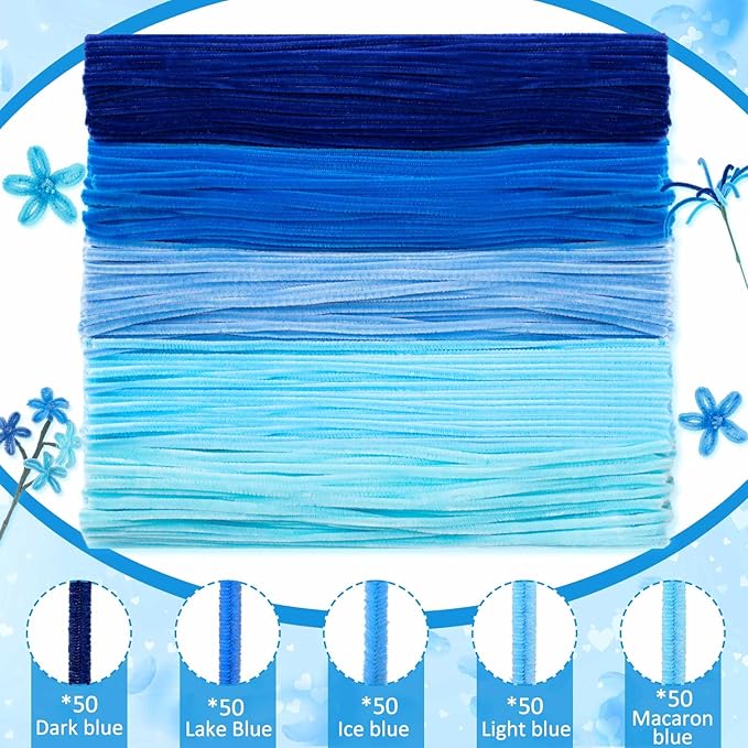 Peryiter 371 Pipe Cleaners Flowers Set, Mixed Colors Chenille Stems Bulk with Floral Wires, Gardening Tape, Stamen for DIY Flower Making Kit, Gift Idea for Mother's Day(Blue)