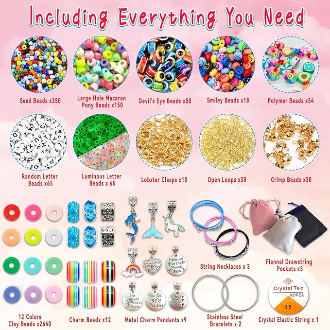 leitait girls toys bracelet making kit -3400pcs charm jewelry making kit supplies,unicorn/mermaid crafts birthday christmas gifts for girls ages 5 6 7 8 9 10 11 12 years old