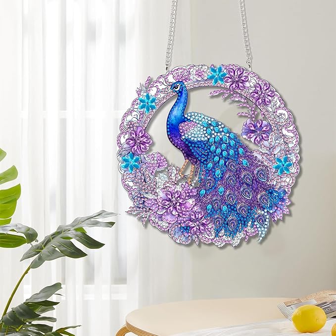 Reofrey Hanging Diamond Art Kits for Adults - 8x8Inch Peacock Animal Acrylic Board Double Sided Pattern Diamond Painting Suncatcher Pendant, Crystal Art for Home Wall Window Decoration Handmade Gift