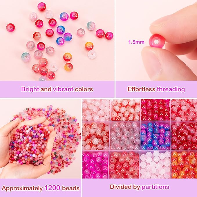 XSEINO About 1200+ pcs 6mm Glass Beads Bracelet Making Kit, 24 Assorted Red Bi-Color Fusion Series Crystal Beads for Jewelry Making, DIY Crafts, Friendship Bracelets