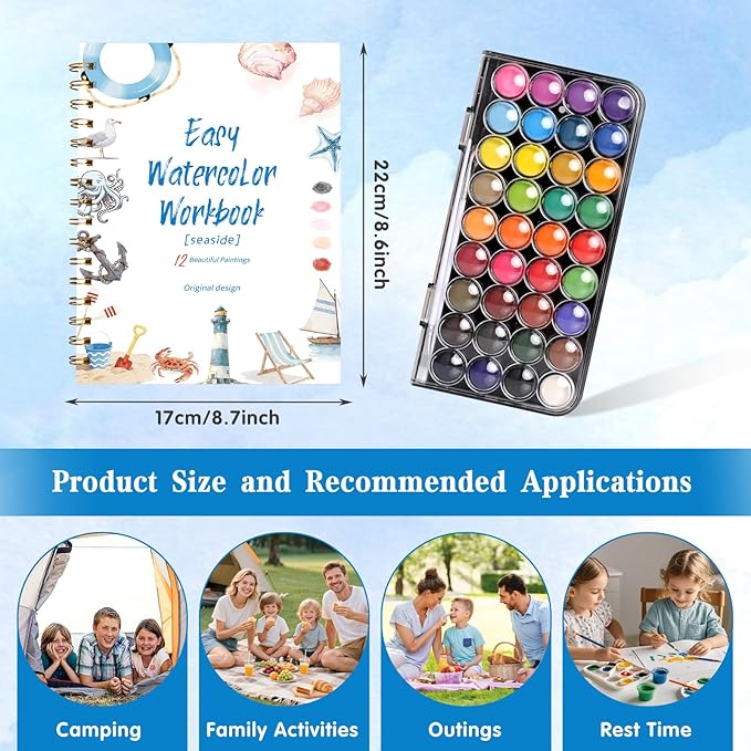 Watercolor Workbook，36 Colors Water Coloring Book Paint Set for Adults,12 Different Patterns of Original DIY Designs, Beginner-Friendly Watercolor Workbooks with Palette and Brush (Ocean)