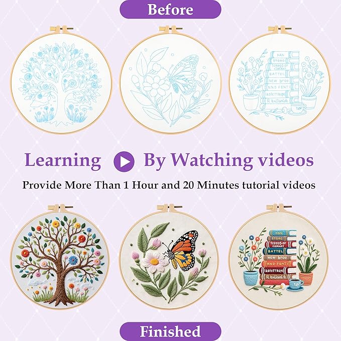 3 Sets Embroidery Kit for Beginners with Stitch Video, Flower Butterfly Tree Books Cross Stitch Kits for Adults, Needle Point Kits with Stamped Pattern, Hoop, Needles, Tools, DIY Arts and Crafts