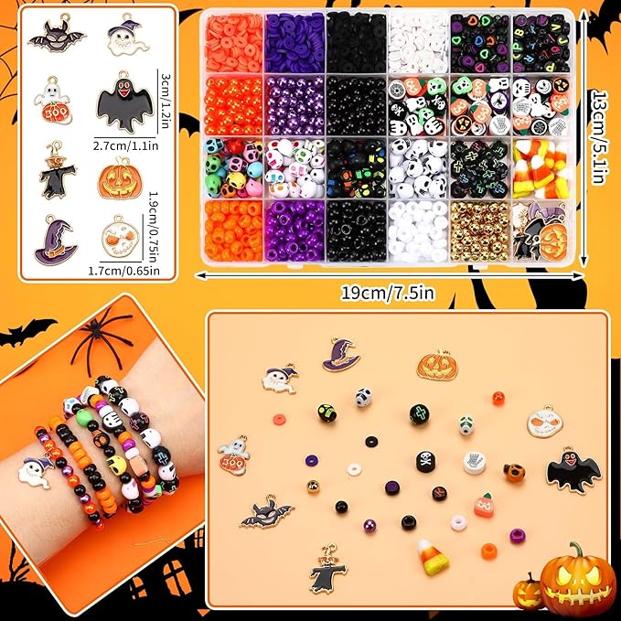 UPINS 2100PCS+ Halloween Beads Bracelet Making Kit, Halloween Clay Beads Spacer Beads for Jewelry Making, Polymer Clay Pony Letter Beads Charms for DIY Jewelry Projects