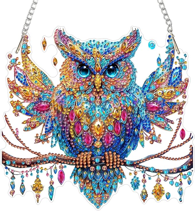 Lxmsja DIY Beautiful Owl Diamond Painting Hanging Ornament, Double-Sided Acrylic Ornate Branch Diamond Art Kit, Special Shaped Suncatcher Hanging Pendant Window Art Kit