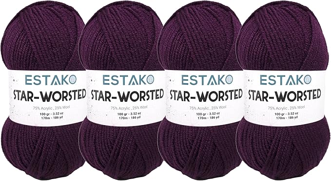 Estako Star-Worsted Yarn - (4 Skeins Pack) - 75% Acrylic 25% Wool - Soft Medium Weight #4 - (4 x 3.52 oz / 4 x 186 yds) - Crochet & Knitting Yarn (46001 - Dark Purple)