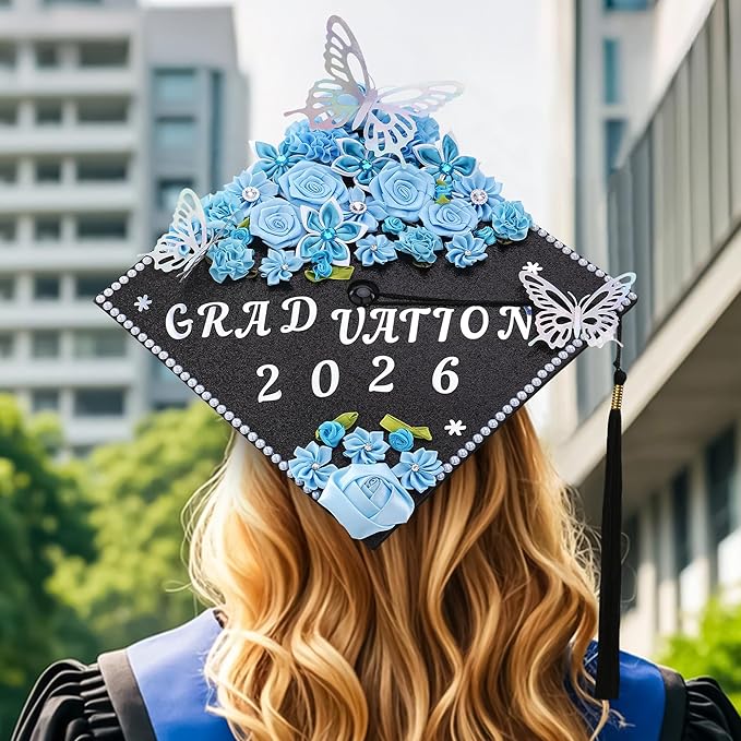 VISSTREE DIY Graduation Cap Decoration, 56 Pcs Cap Decorations for Graduation Kit 2026 DIY Grad Cap Graduation Gift with Blue Paper Flowers 3D Glitter Butterfly Custom Number Letter Stickers Decor