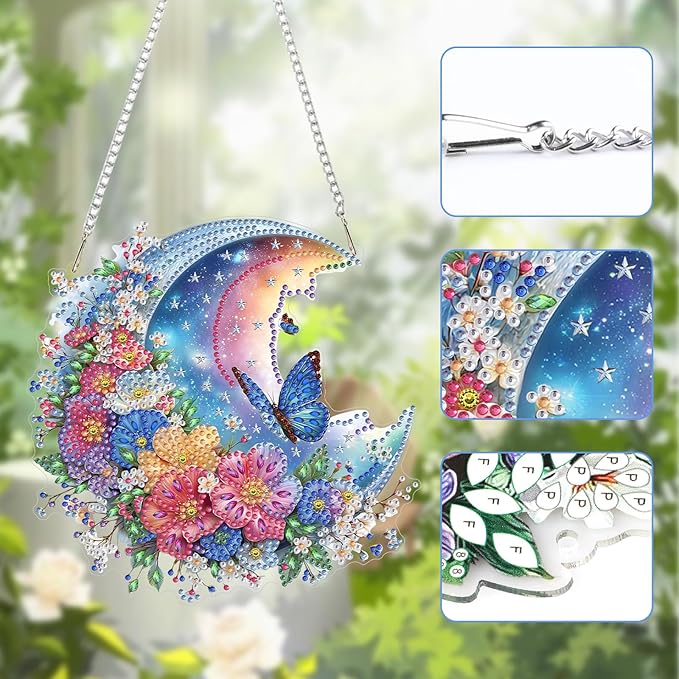 Lxmsja DIY Colorful Moon Diamond Painting Hanging Ornament, Double-Sided Acrylic Butterfly Diamond Art Kit, Special Shaped Suncatcher Hanging Pendant Window Art Kit
