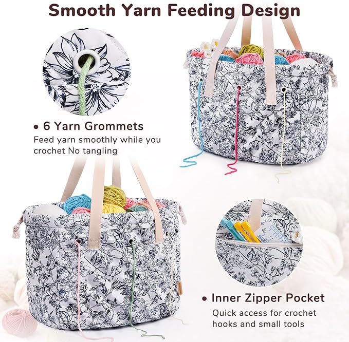 MYBAGZING Portable Crochet Bag Organizer with Crochet Hook Organizer Roll, Quilted Yarn Storage Tote with Grommets, Knitting Project Bag for Yarn & Accessories, Floral Craft Tote Gift for Crocheters