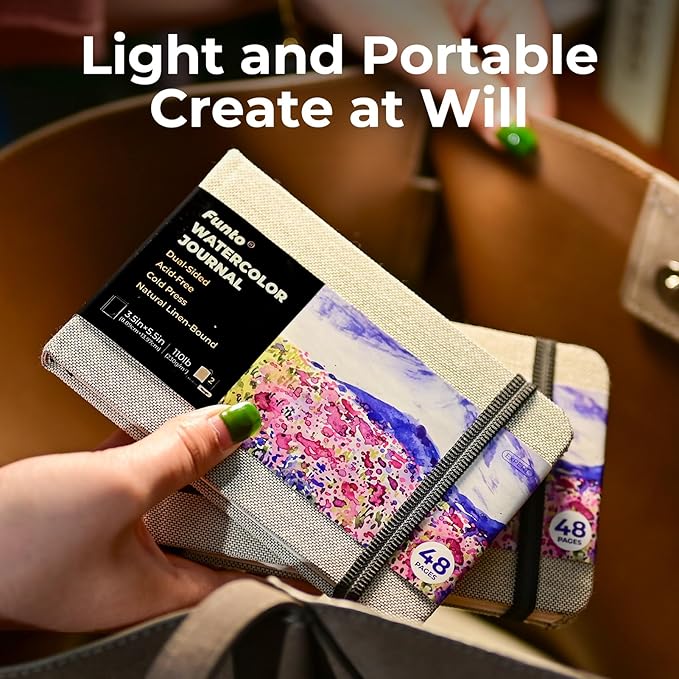 Funto Watercolor Journal, 3.5x5.5, 2 Pack, 24 Sheets Each, Cold-Pressed with Inner Pocket, 110lb/230gsm, Suitable for Techniques and Mixed Media