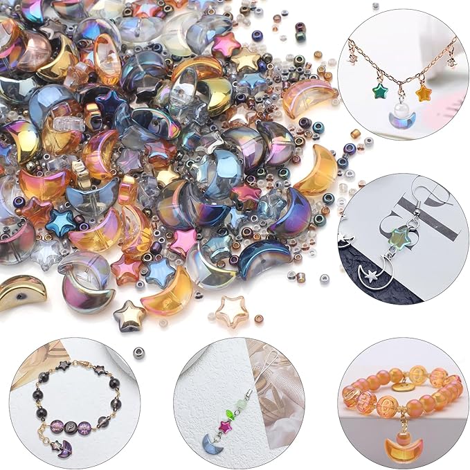 620pcs Mixed Star Moon Glass Beads for Jewelry Making, Shaped Star Moon Spacer Beads with Glass Seed Beads for DIY Supplies Bracelets Necklaces Earrings