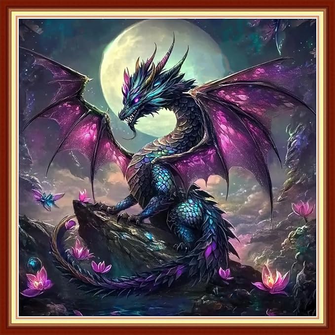 Redxing Stamped Cross Stitch Kits Embroidery kit for Beginners Adults Full Range of Embroidery Patterns Starter Kits DIY Printed Cross Stitch Kits Needlepoint Kits 11CT-Moon Dragon 18x18 inchs