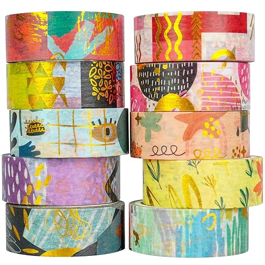 YUBBAEX 10 Rolls Geometric Washi Tape Set Gold Foil Masking Modern Arts Decorative Tapes for Arts, DIY Crafts, Journals, Planners, Scrapbook, Wrapping