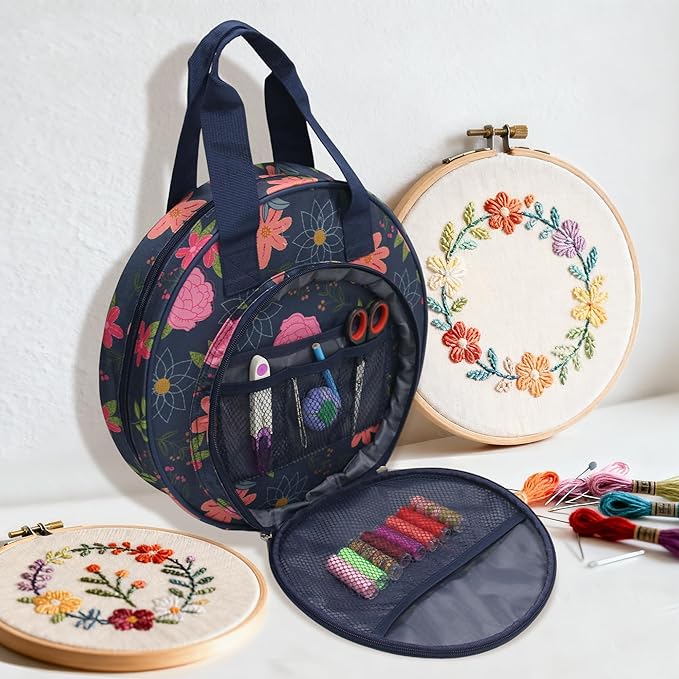 Floral Embroidery Project Bag, 13x13x3 Inch Round Cross Stitch Storage Bag, Portable Embroidery Organizer for Hoops Floss Thread Knitting Tools, Craft Gift for DIY Enthusiasts (Blue)