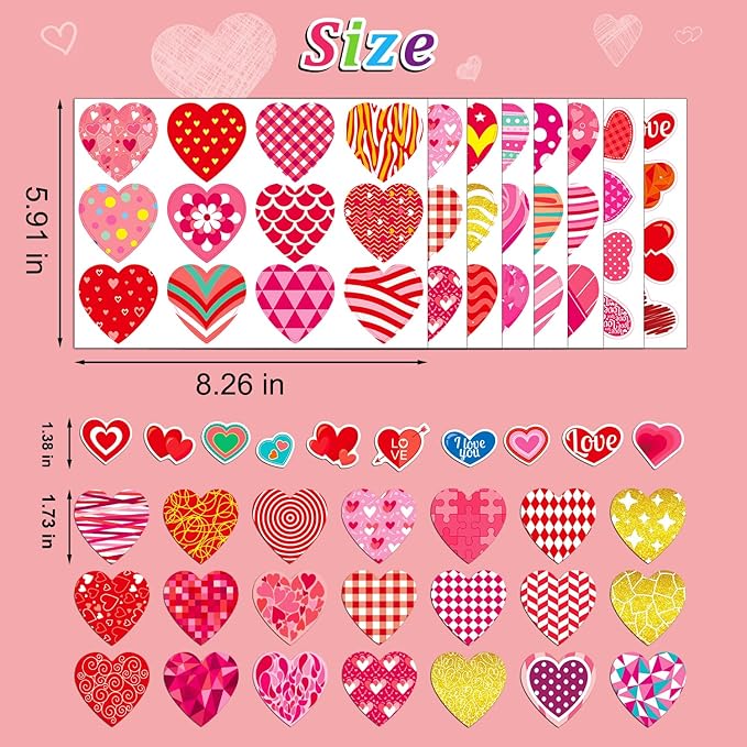 496 pcs valentines stickers, cute heart stickers, valentines day sticker for kids, class gifts for kids classroom school, crafts party favors decoration